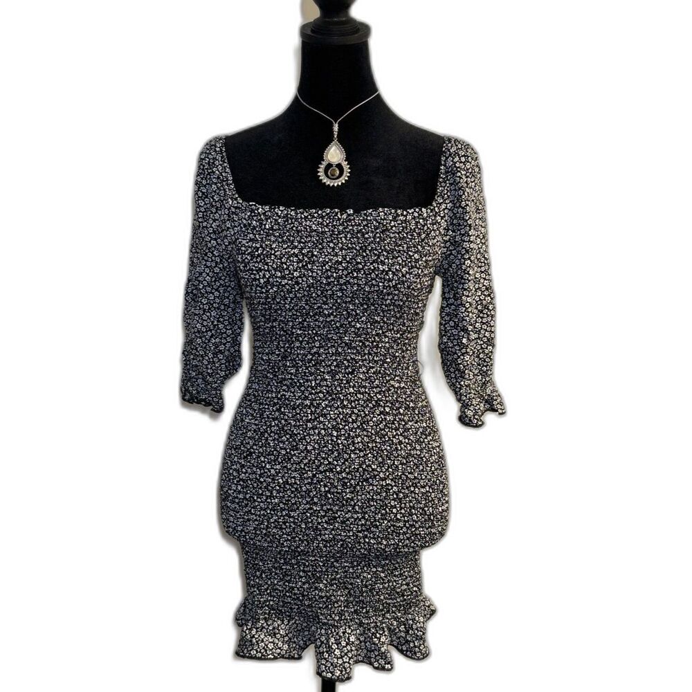Timing Black White Floral Smocked Mini Dress — Square Neck, Ruffle Hem